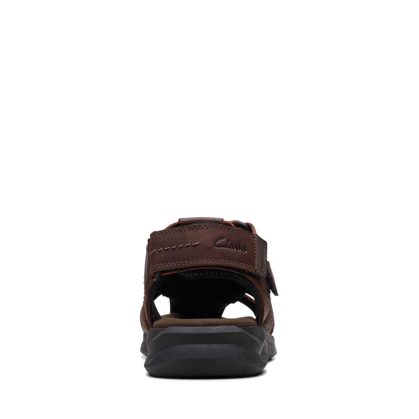 Rear view of an open-toed brown leather sandal with thick black sole.
