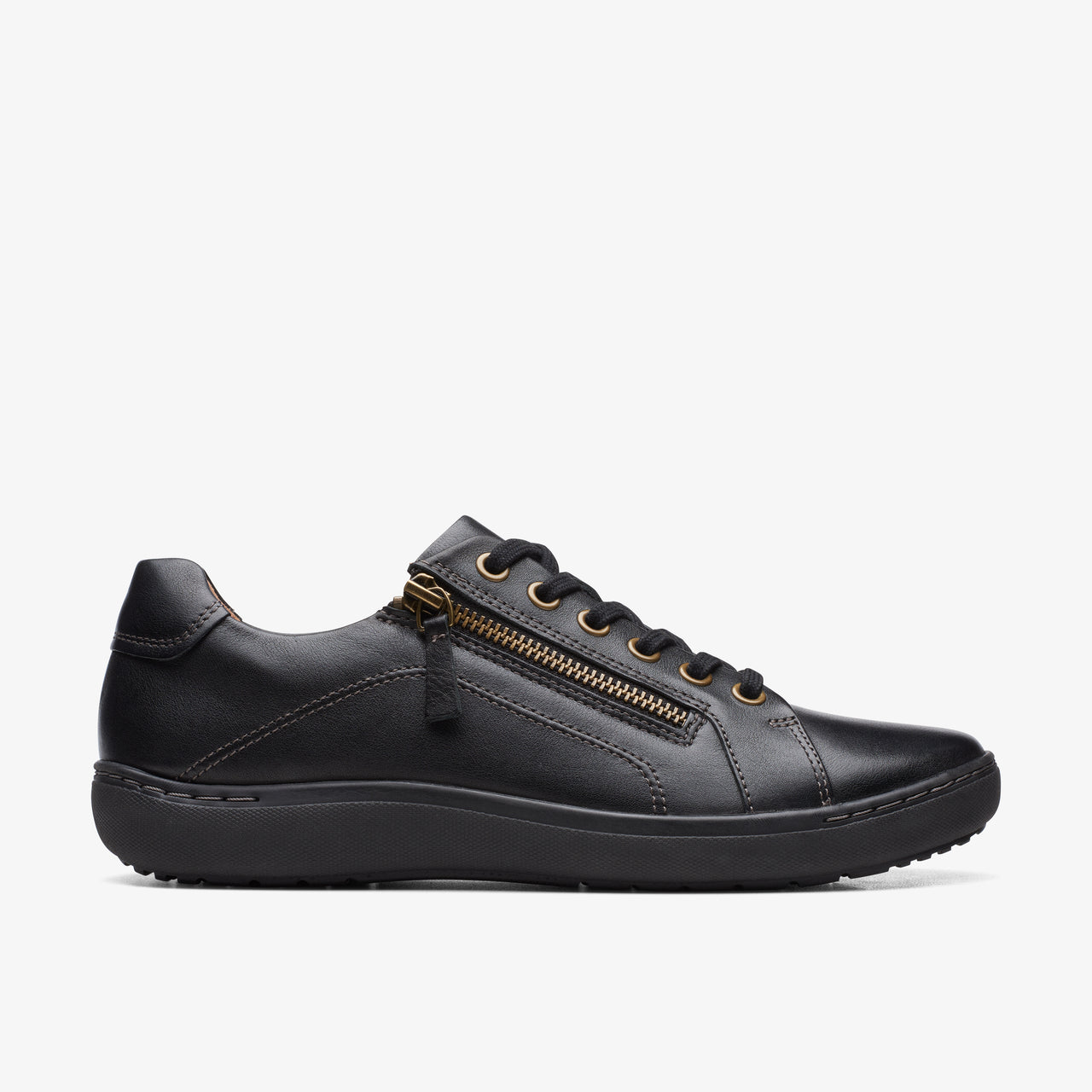 Black leather sneaker with gold zipper detail and black laces.