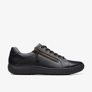 Black leather sneaker with gold zipper detail and black laces.