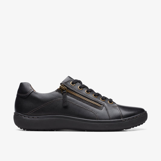 Black leather sneaker with gold zipper detail and black laces.