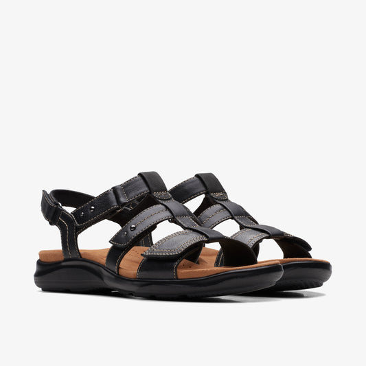 Black leather sandals with adjustable straps and buckle closure.