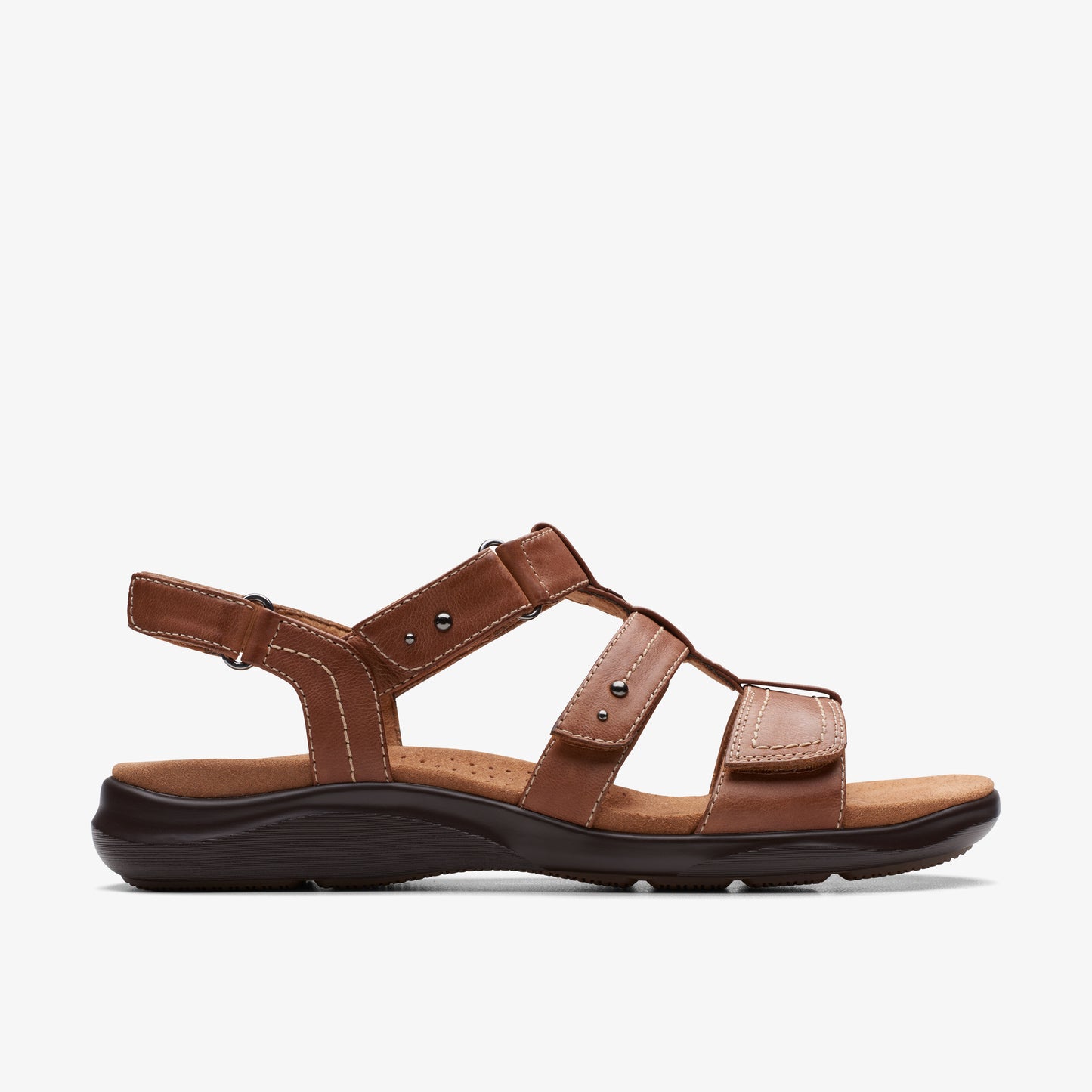 Brown leather sandal with adjustable straps and buckle.
