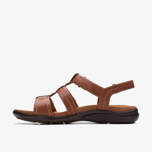 Brown leather sandal with multiple thin straps and an ankle strap.