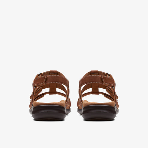 A pair of brown leather sandal shoes, rear view.