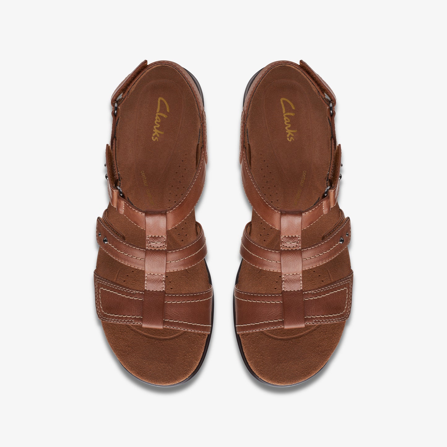 Top view of brown leather sandals with multiple straps and a light brown insole with the word Clarks visible.