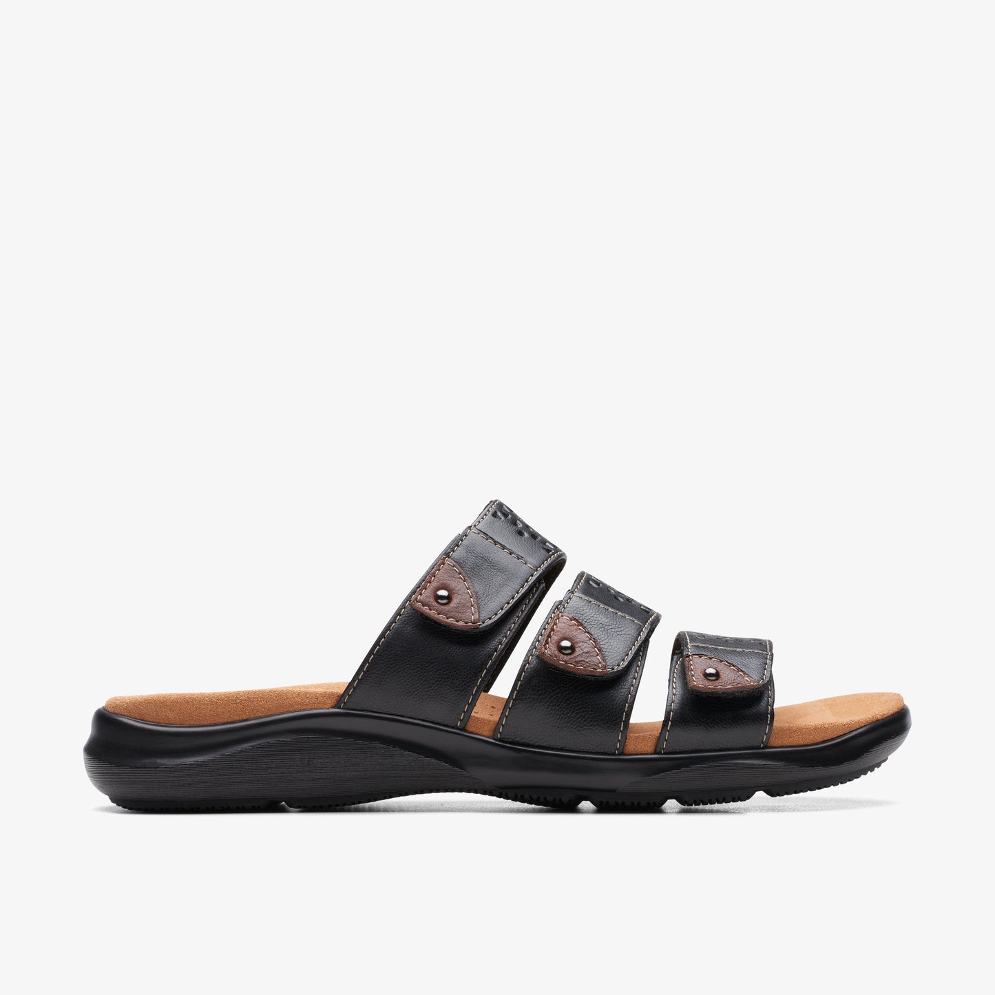 Black sandal with adjustable straps.
