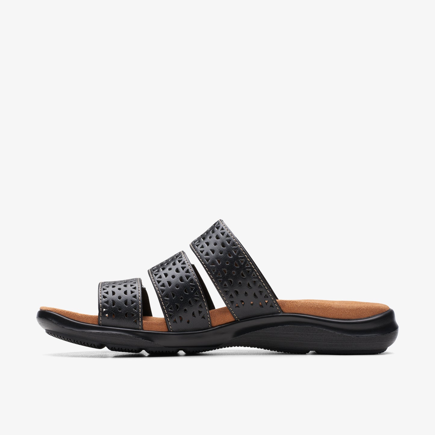Black slide sandal with decorative cutouts on the straps.