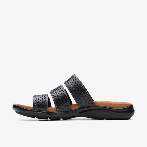 Black slide sandal with decorative cutouts on the straps.