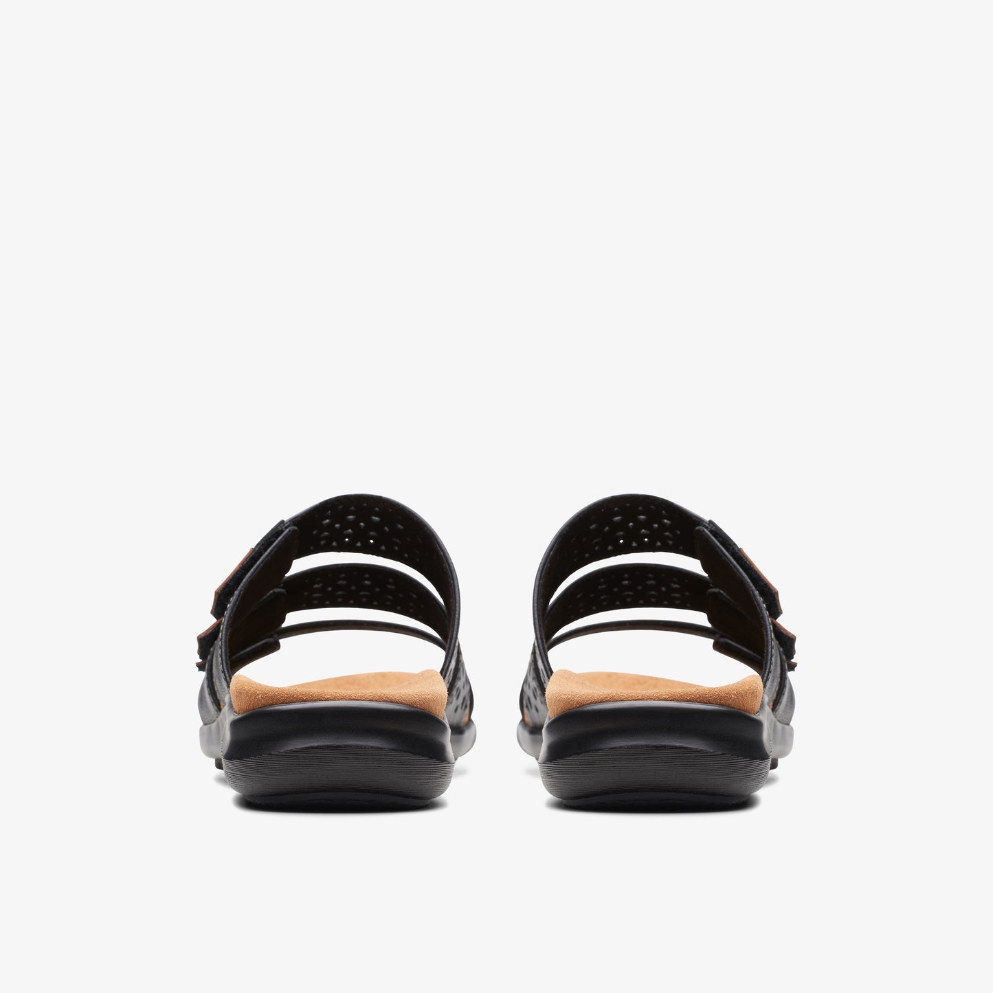 Pair of black sandals with two adjustable straps and perforated detail, viewed from the back.