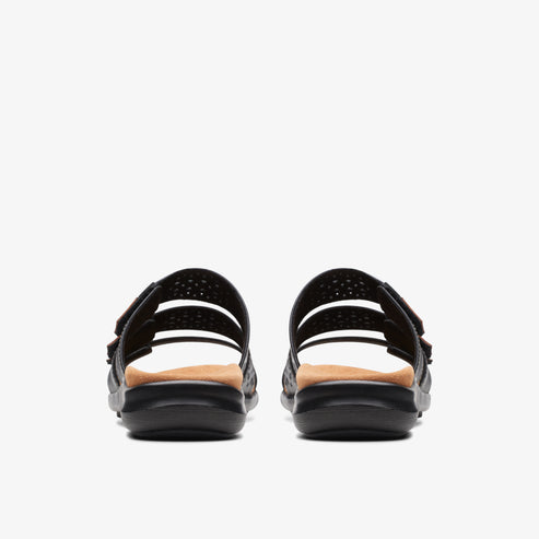 Pair of black sandals with two adjustable straps and perforated detail, viewed from the back.