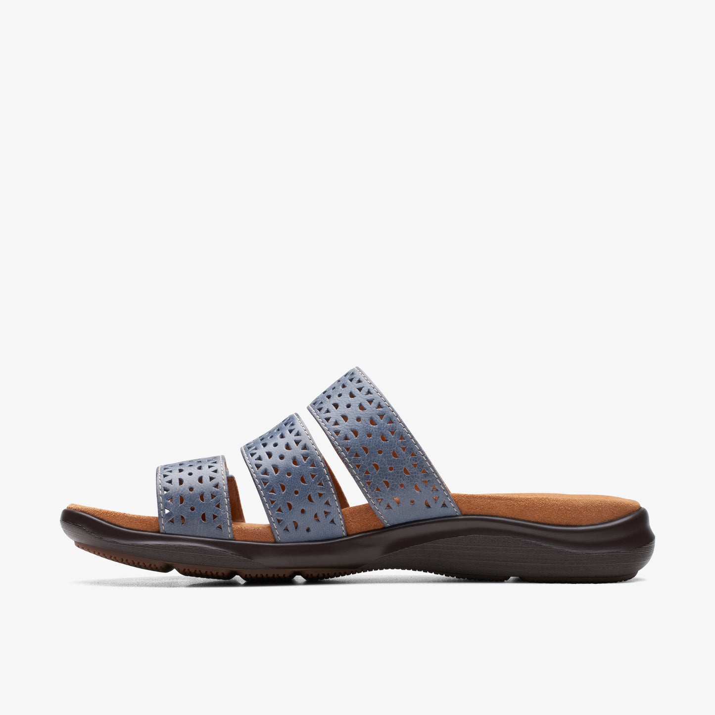 Blue open-toed sandal with three laser-cut straps and a low, dark sole.
