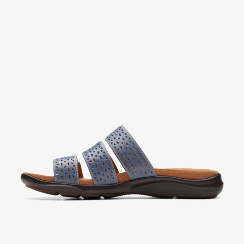 Blue open-toed sandal with three laser-cut straps and a low, dark sole.