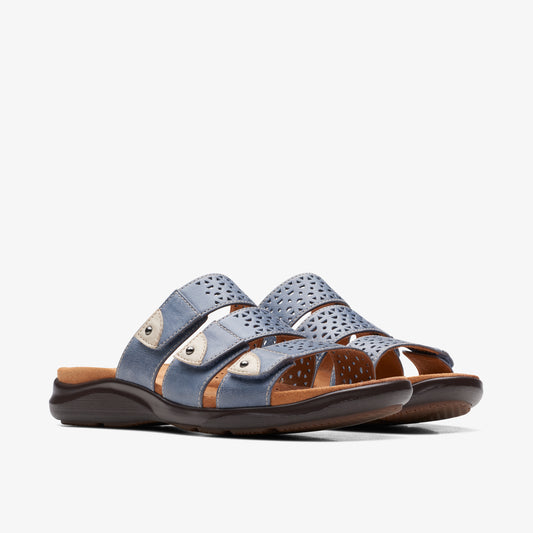 Blue leather sandals with two straps, laser-cut design, and adjustable buckles.