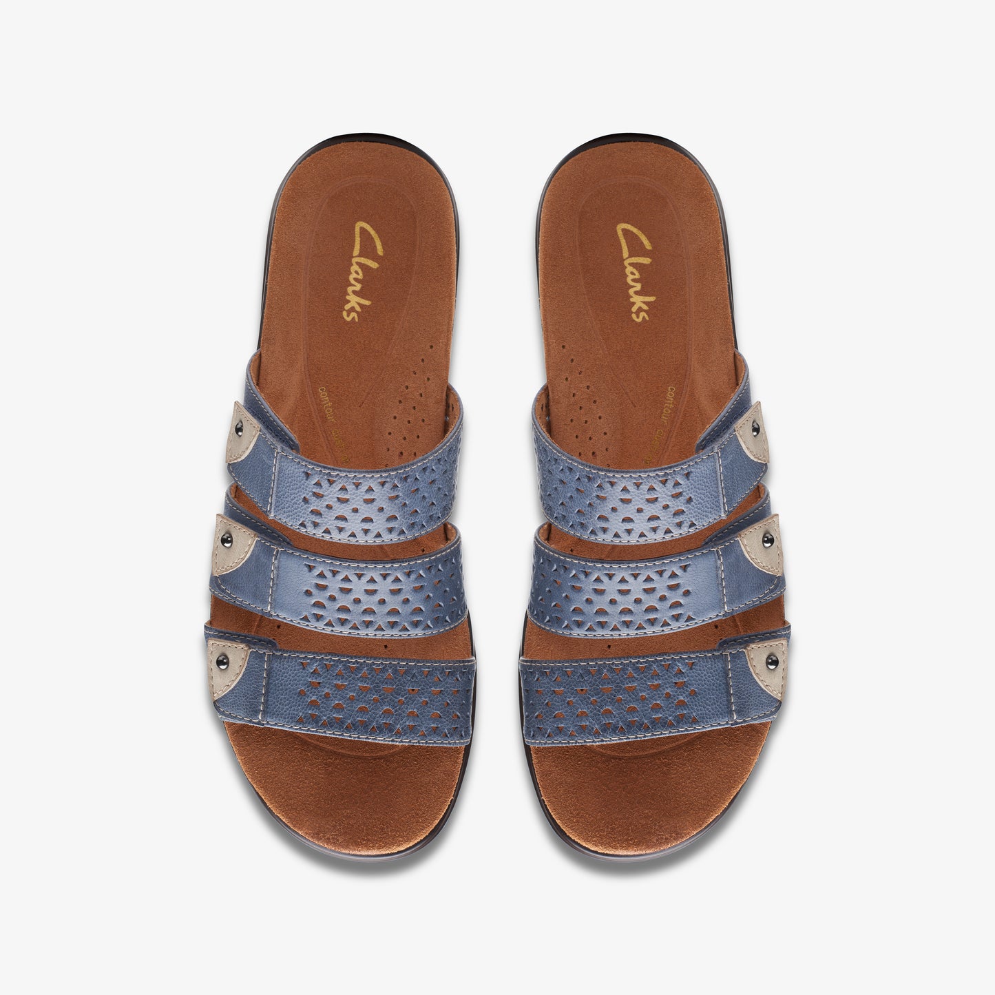 Pair of flat, brown-soled sandals with three decorative blue straps, featuring cut-out geometric patterns, connected by beige circles.