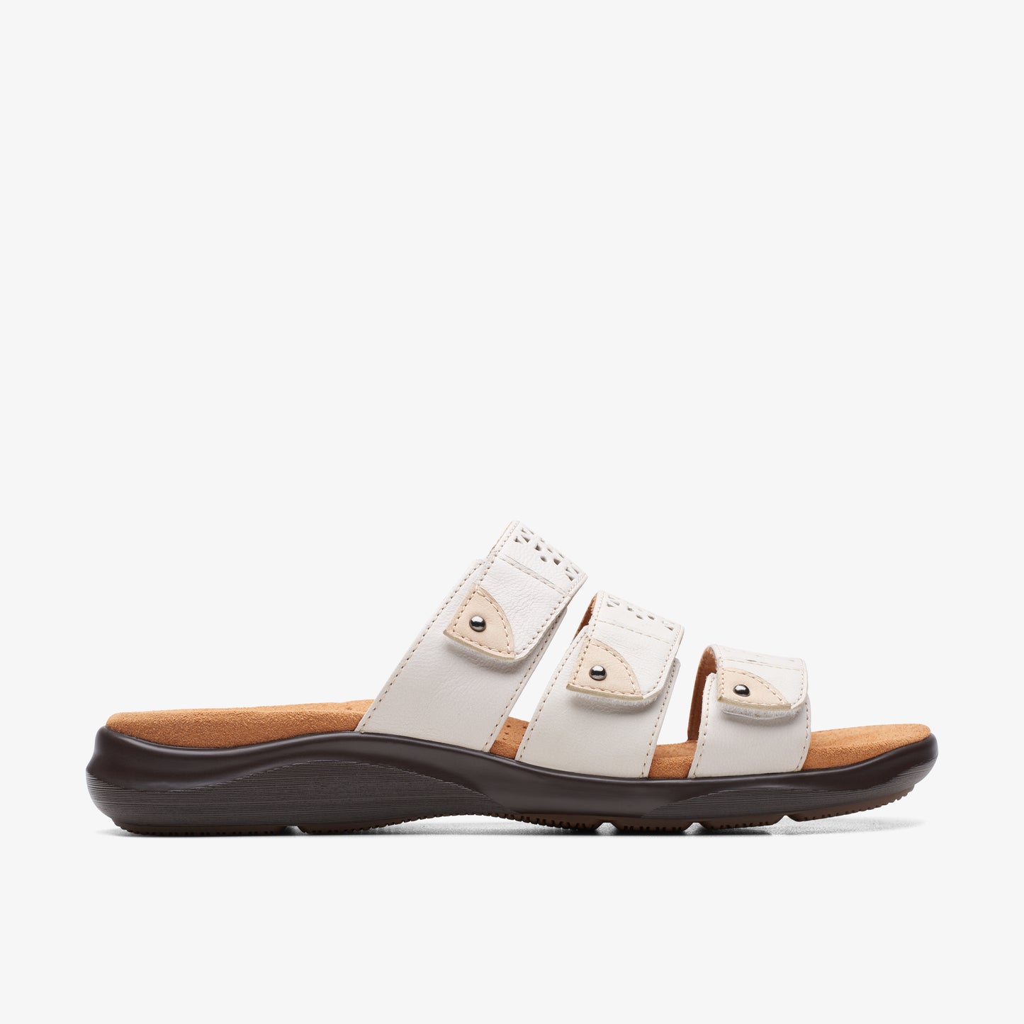 White slide sandal with three adjustable straps.