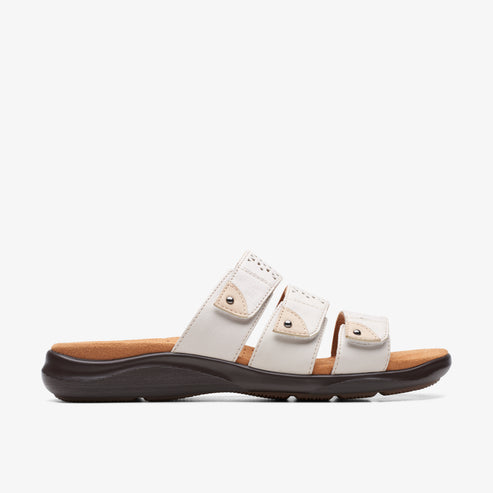 White slide sandal with three adjustable straps.
