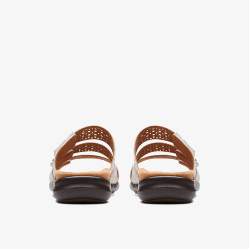 Pair of white sandals with three straps from a rear view.