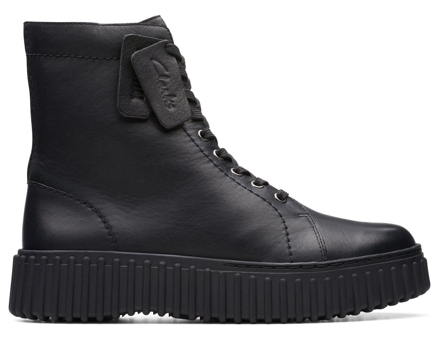 Black leather combat boot with a lug sole and lace-up closure. A label is attached to the laces.