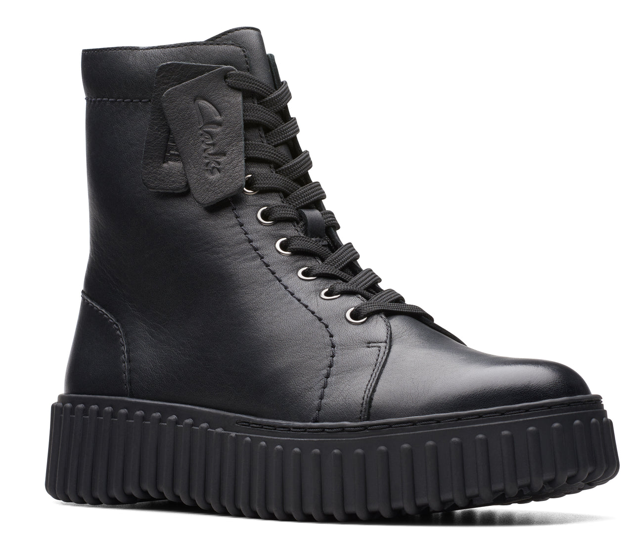 Black leather combat boot with a thick, lugged sole and lace-up closure; a leather logo tag hangs from the laces.