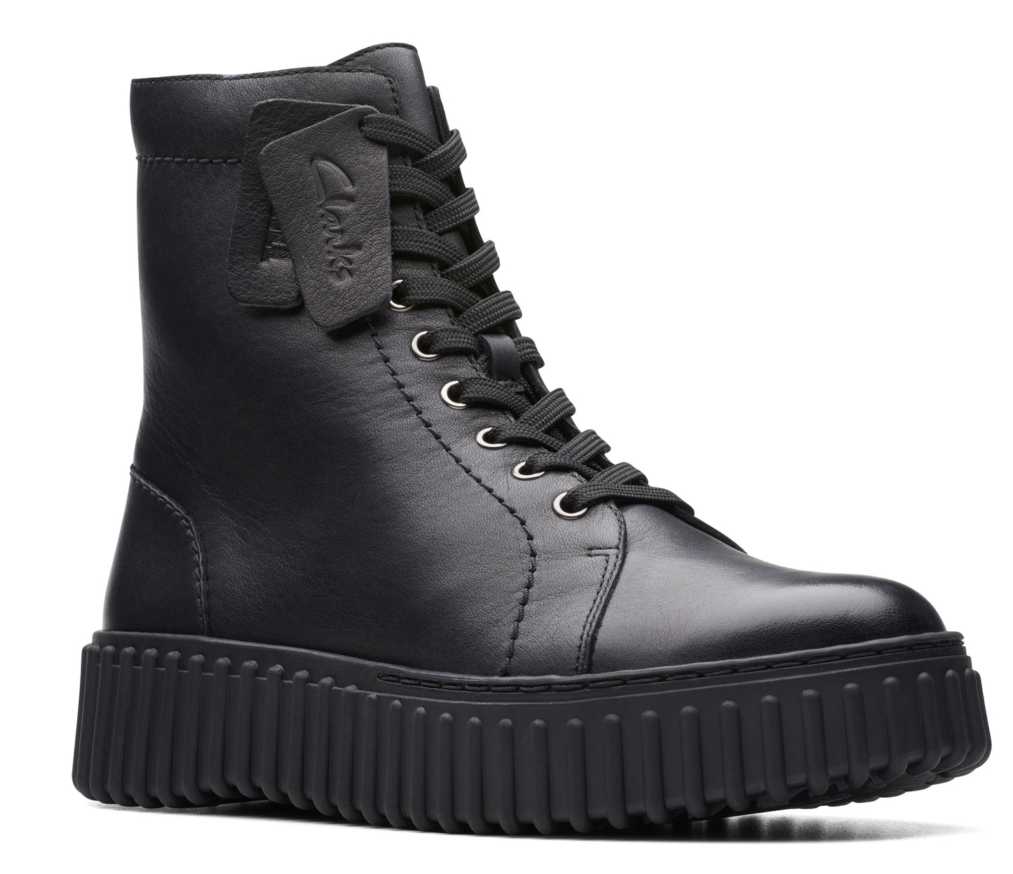 Black leather combat boot with a thick, lugged sole and lace-up closure; a leather logo tag hangs from the laces.