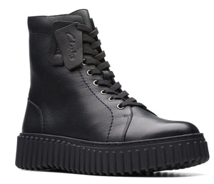 Black leather combat boot with a thick, lugged sole and lace-up closure; a leather logo tag hangs from the laces.