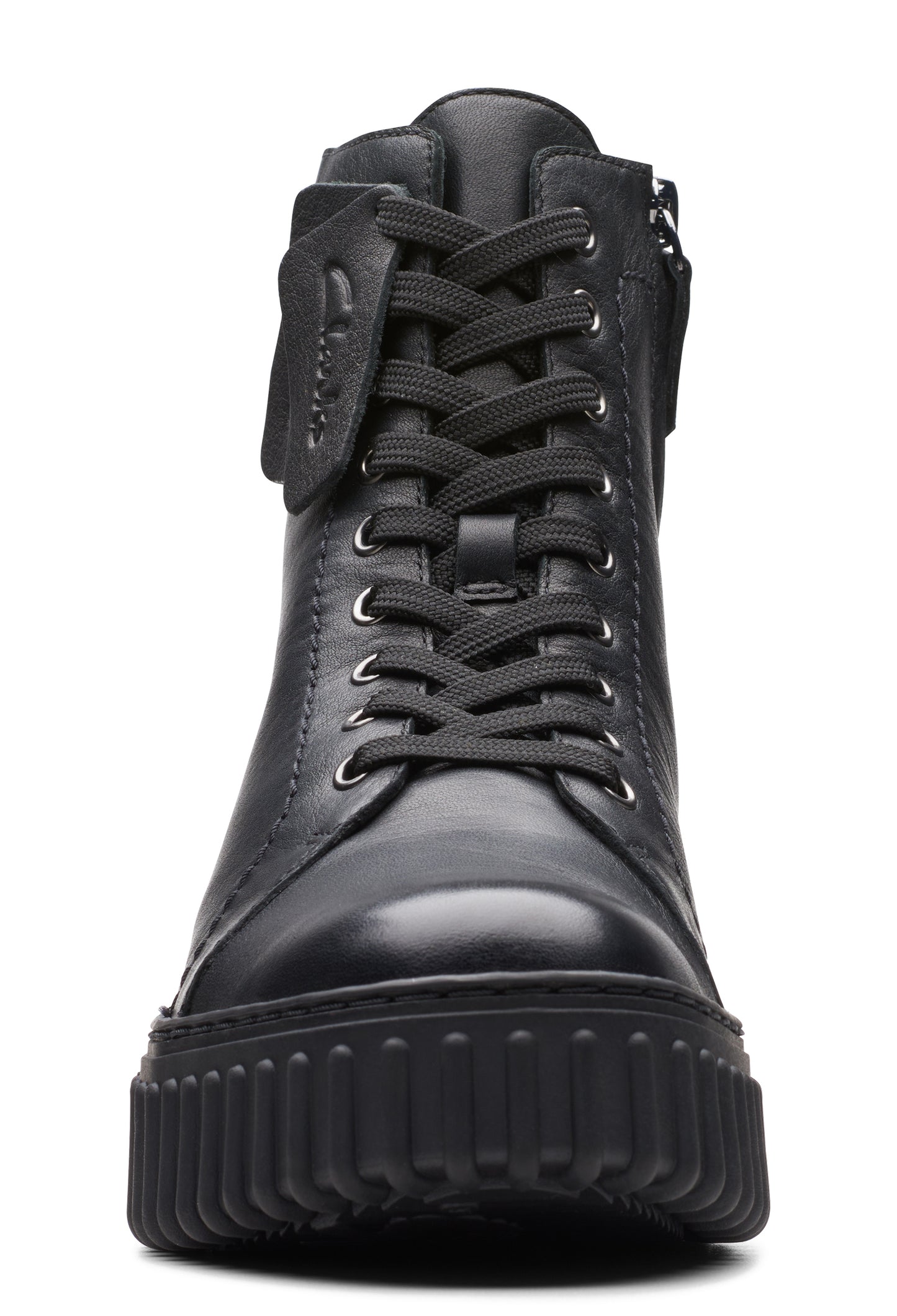A black leather lace-up boot with a chunky sole and side zipper.