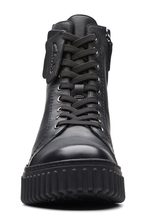 A black leather lace-up boot with a chunky sole and side zipper.