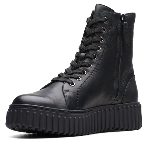 Black lace-up ankle boot with lug sole and zipper.