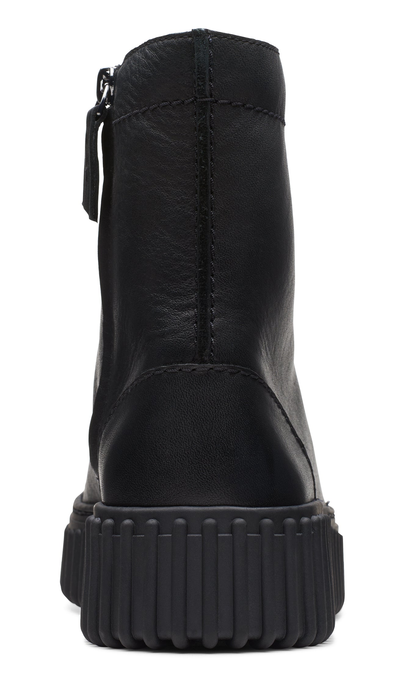 Black leather ankle boot with lug sole and side zipper.