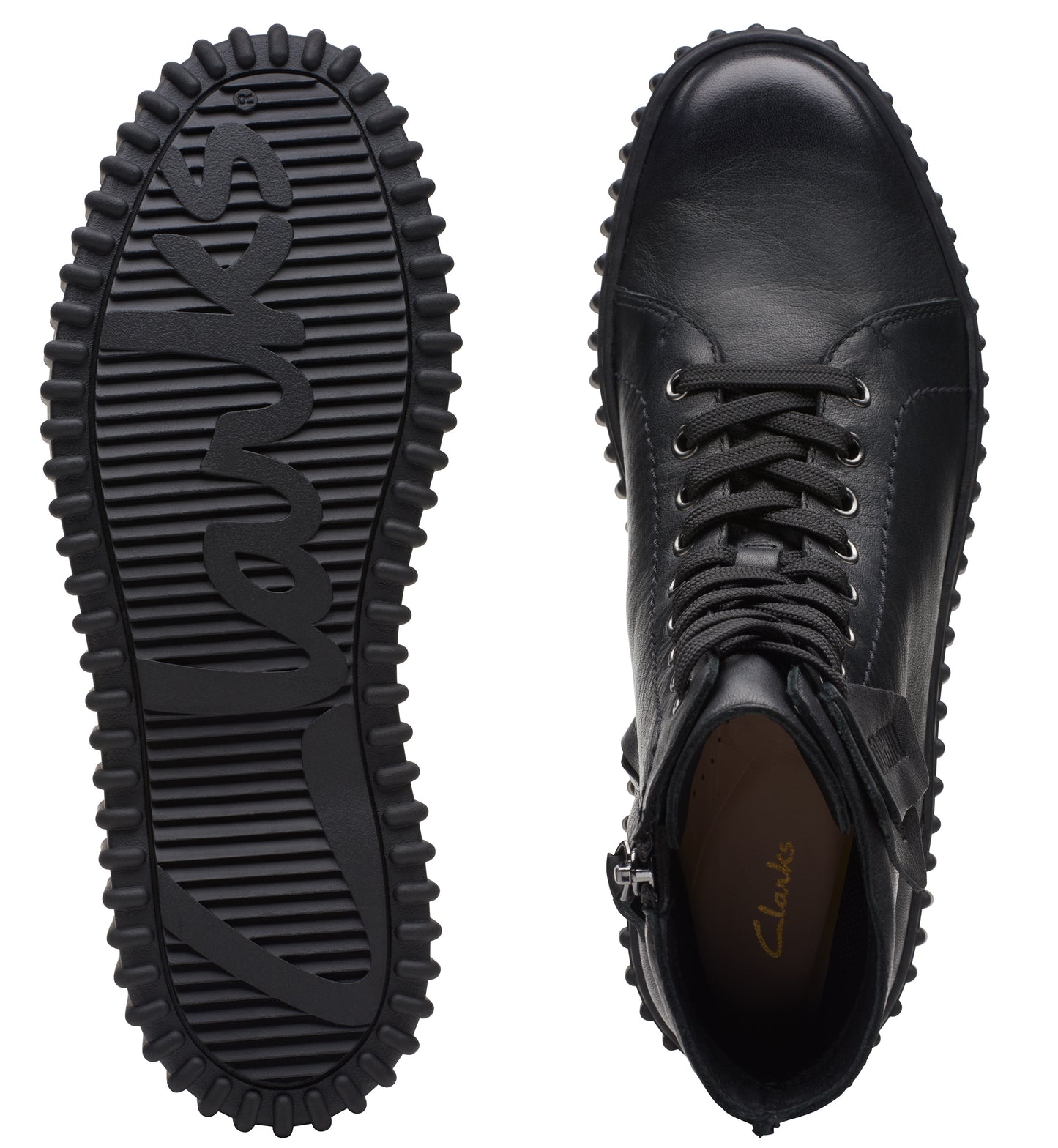 Pair of black boots with a thick black tread; the tread reads "Loves".