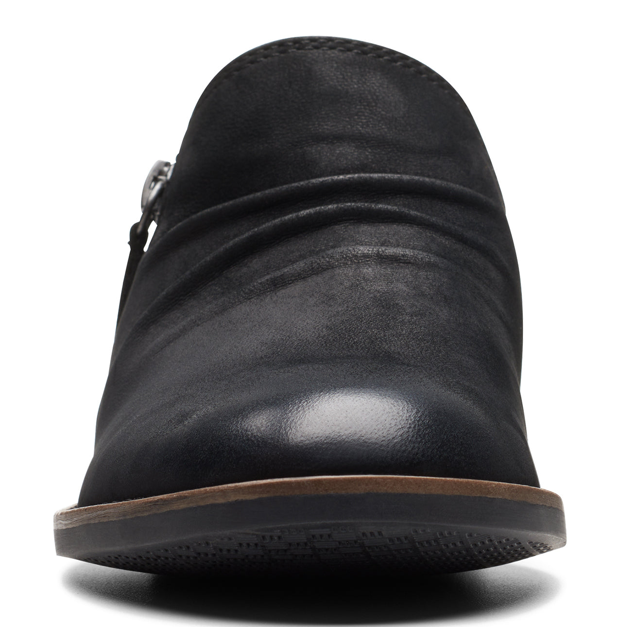 Black leather ankle boot with side zipper and slight heel.