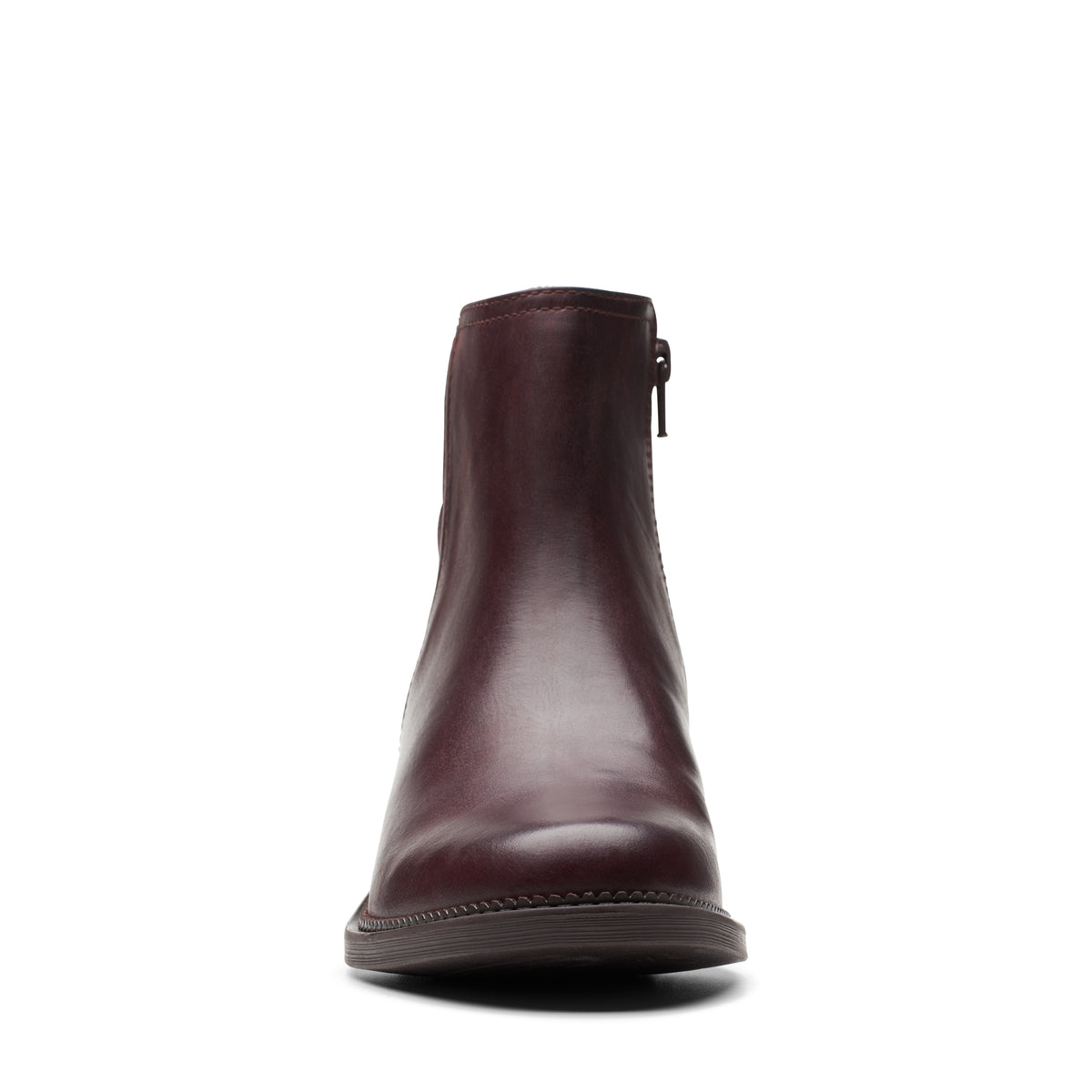 Front view of a short, dark red leather boot with a side zipper.