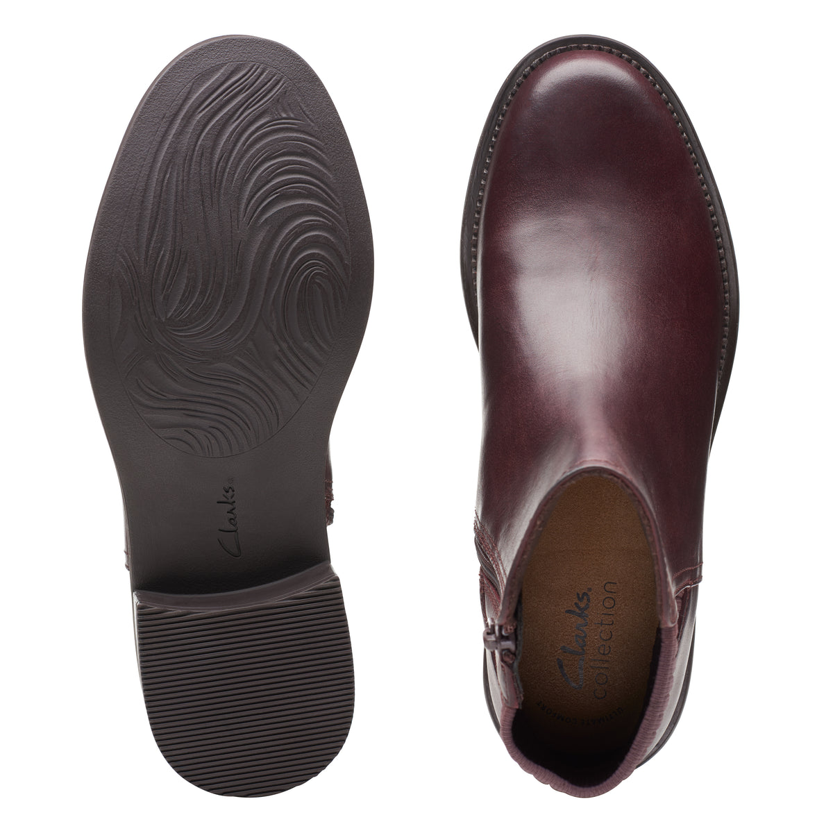 Overhead view of a pair of leather burgundy Chelsea boots, with a visible sole showcasing a wavy pattern.