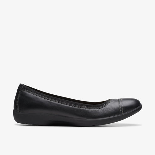 Black leather ballet flat shoe with a rounded toe.