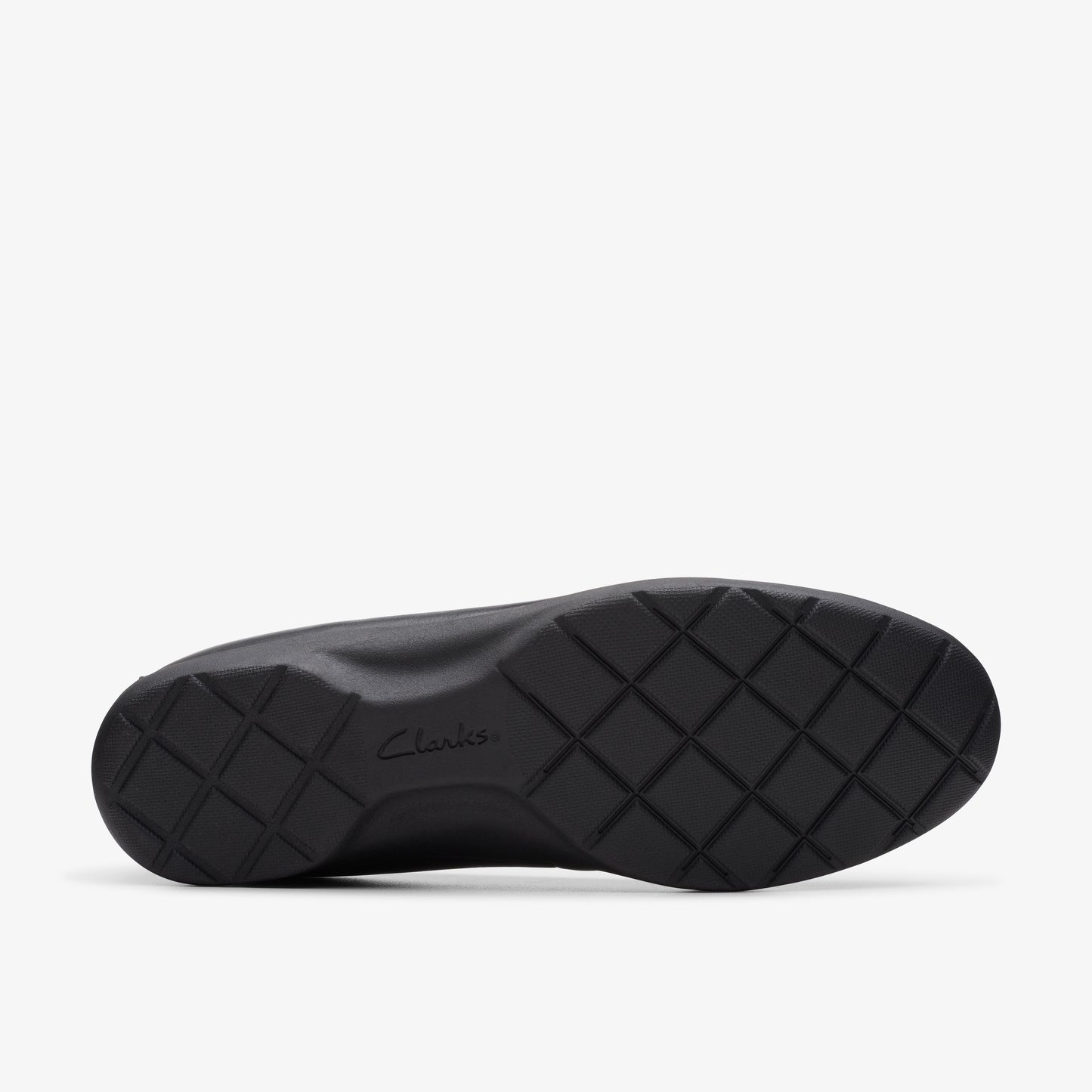 Black shoe sole with a waffle pattern, Clarks logo in the center.