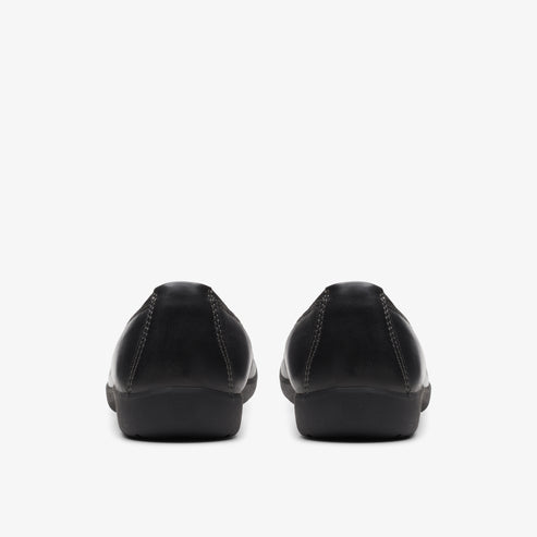 Pair of black closed-toe leather flat shoes, viewed from the back.