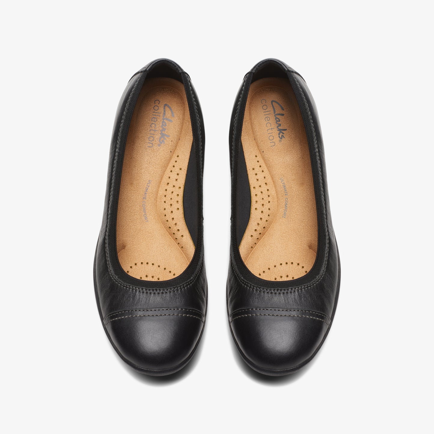 Pair of black leather ballet flat shoes with round toe, cushioned insole.
