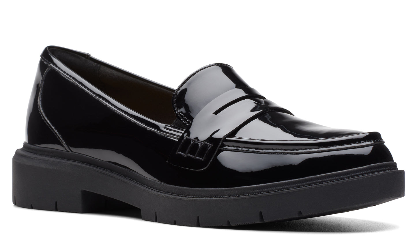 Black patent leather loafer with a chunky black sole.