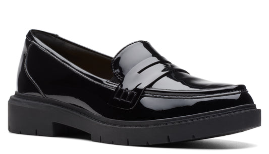 Black patent leather loafer with a chunky black sole.