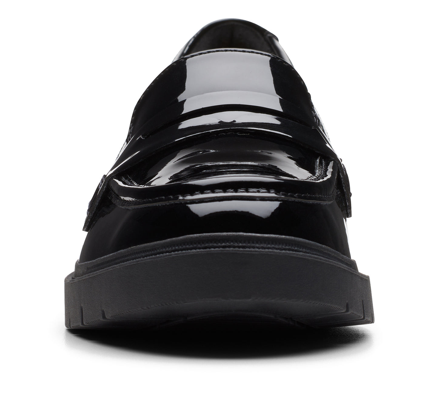 Black patent leather penny loafer with thick sole.