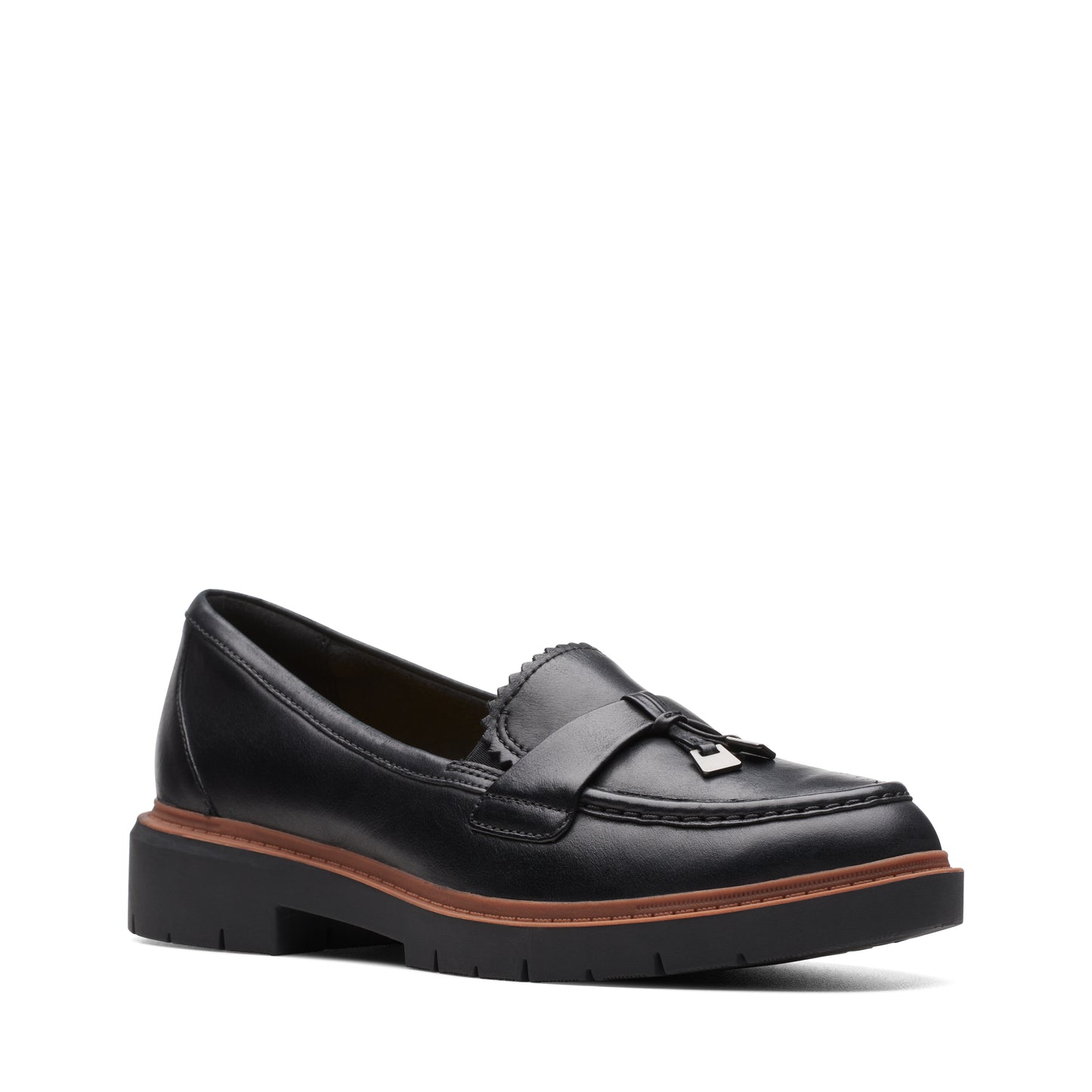 Black leather loafer with a short block heel.