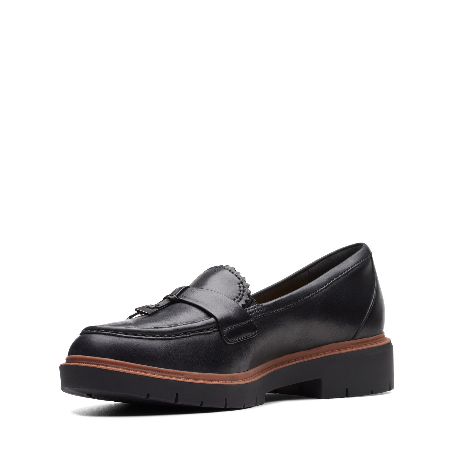 Black leather loafer with tassel and lug sole.
