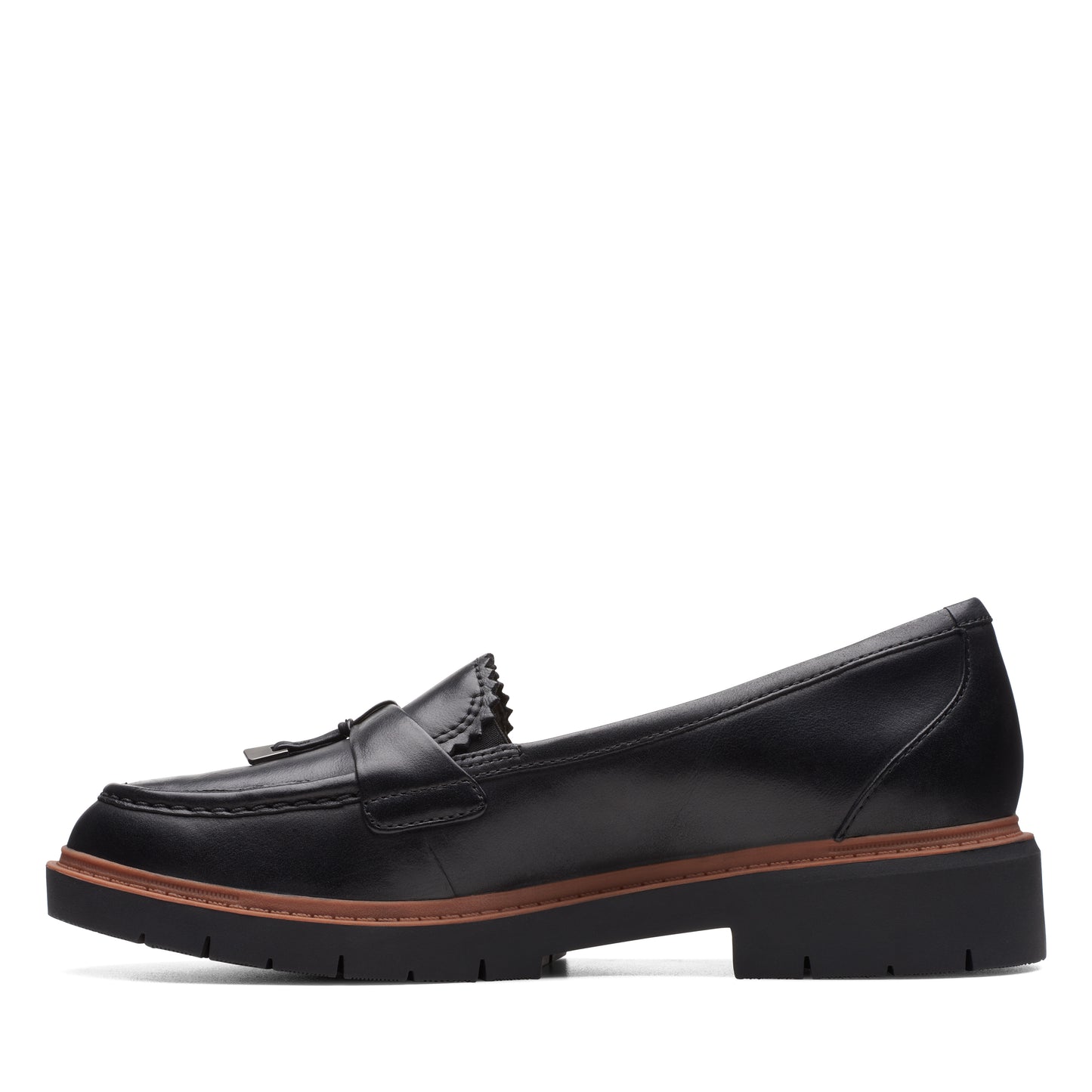 Black leather loafer with tassel and brown sole.