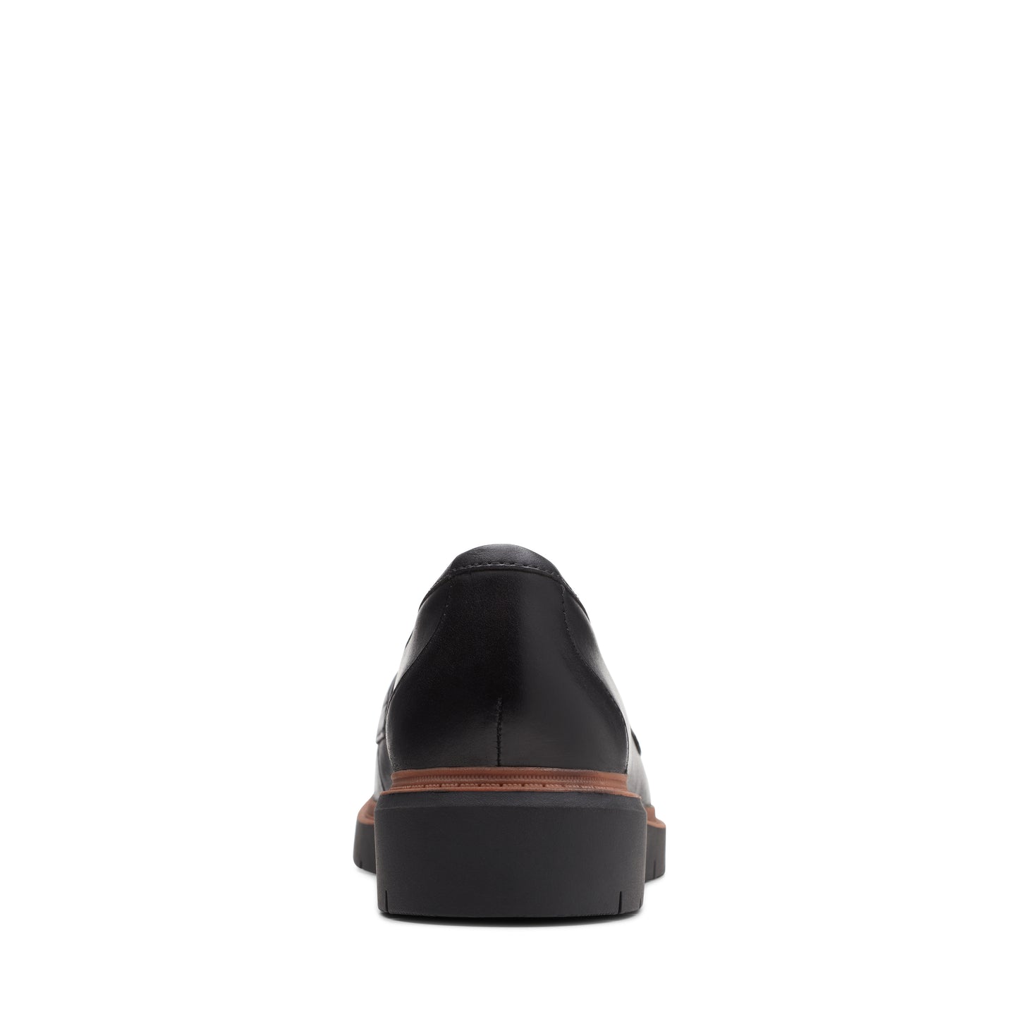Black leather shoe, seen from the back, featuring a stacked heel and subtle brown trim.