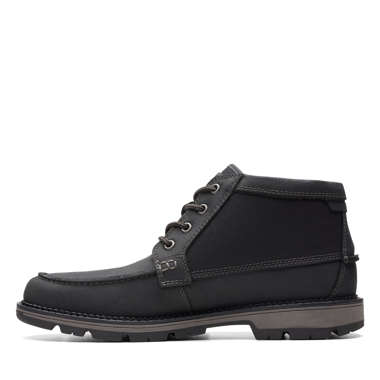 Black leather ankle boot with a moccasin toe and dark laces.