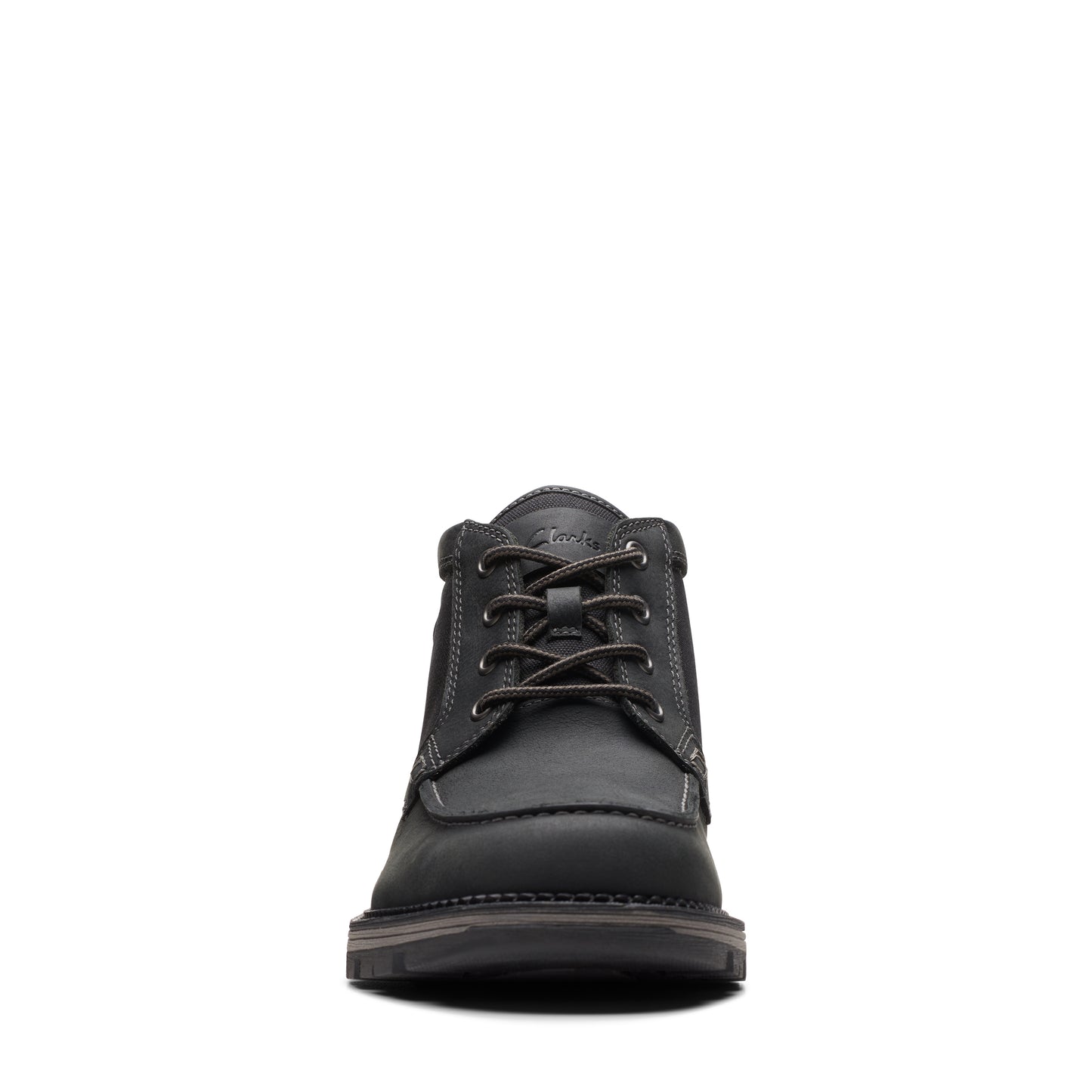 Front view of a black, ankle-high leather boot with laces.