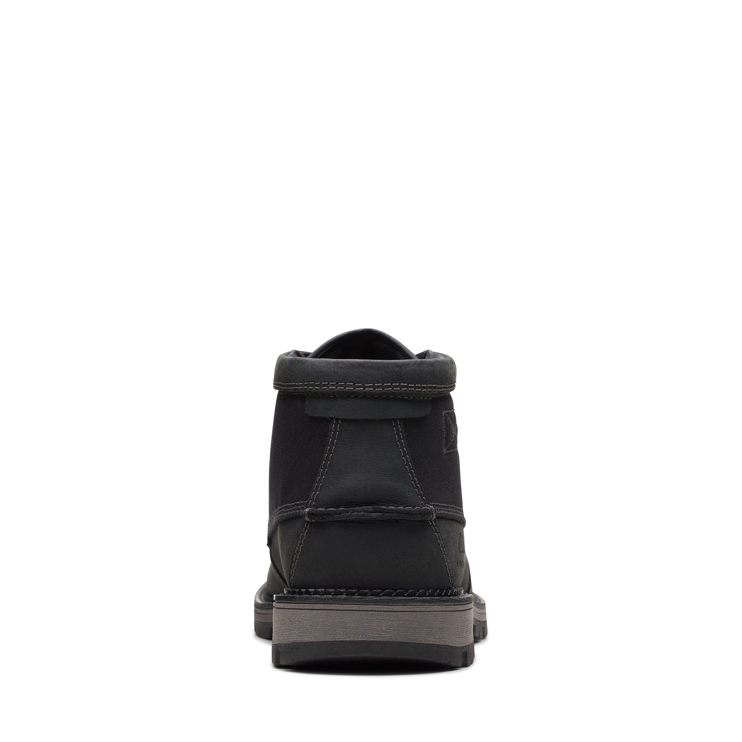 Back view of a black suede ankle-high boot.