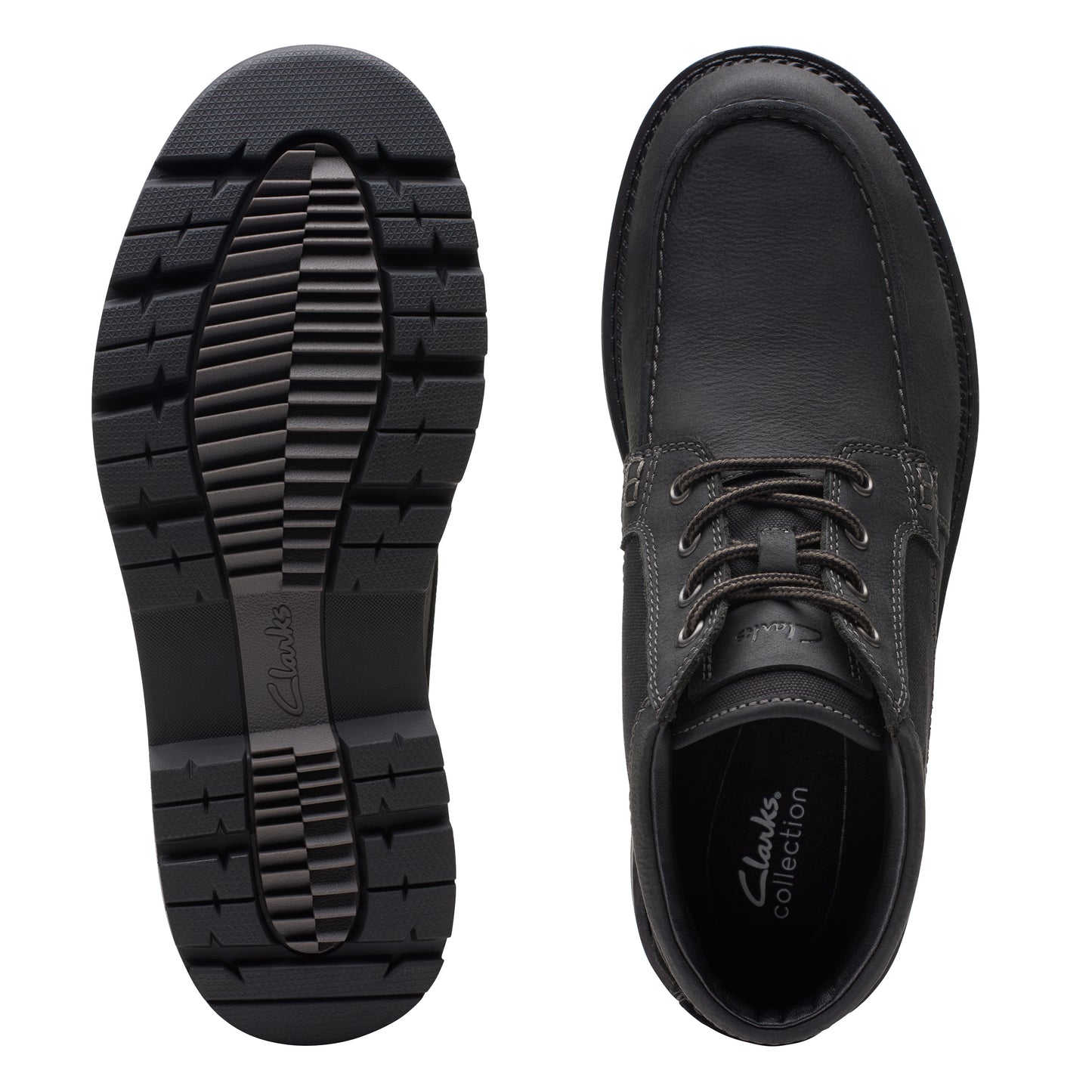 Top-down view of a black leather moccasin shoe with laces, next to a black shoe sole with thick treads and logo. "clarks collection" visible on the insole.