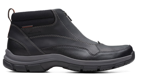 Black leather ankle boot with zipper closure and gray sole.