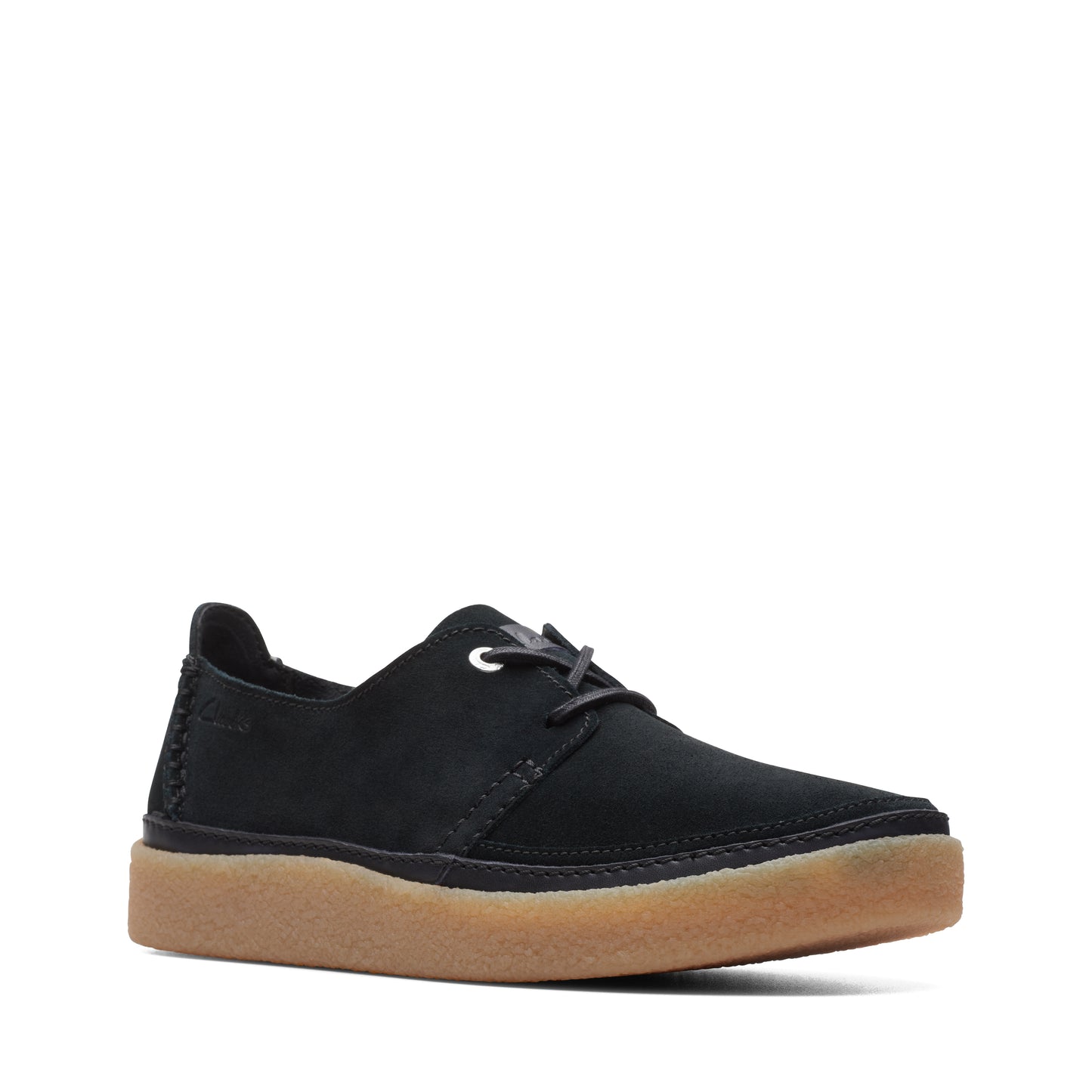 Black suede lace-up shoe with tan sole.